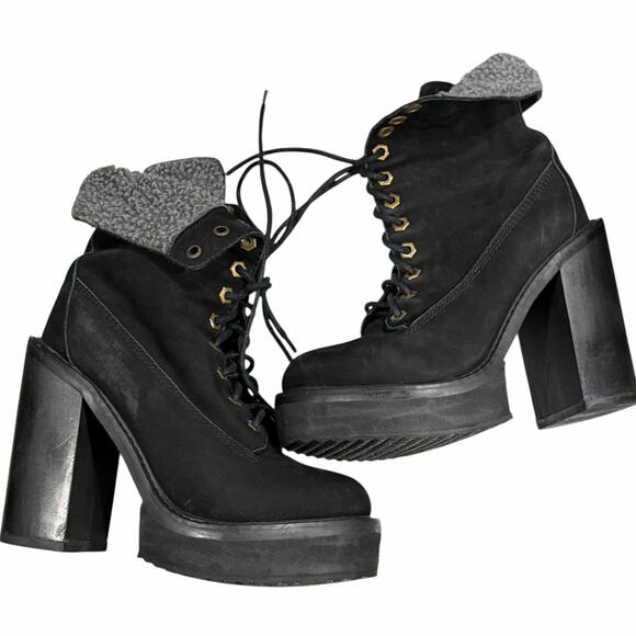 Jeffrey Campbell In Charge Combat Boot 7.5 Black Leather Lace Platform Lug Soles - Picture 6 of 15